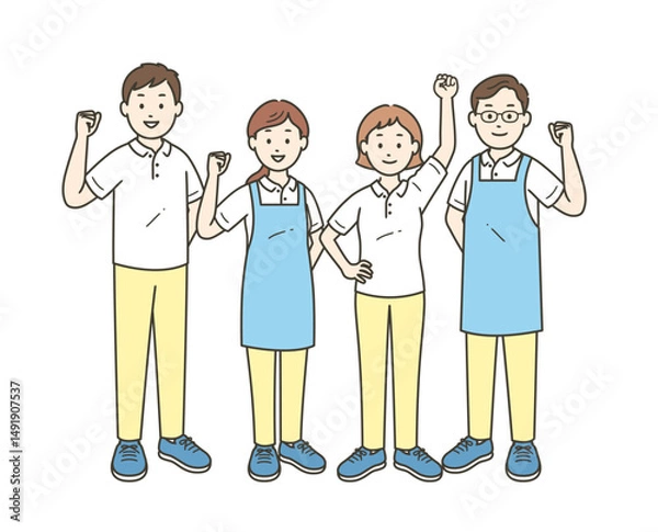 Obraz ガッツポーズをする介護士男女4人の全身イラスト