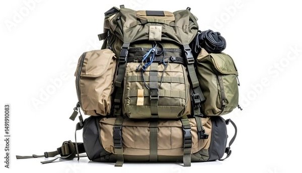Obraz Large generic backpack with multiple compartments straps and gear isolated on a white background