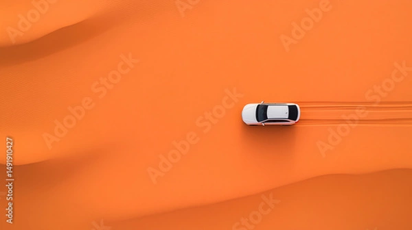 Fototapeta Car running through the desert - aerial view