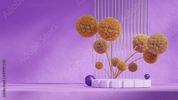 Fototapeta in landscape arch and glass wall, 3d rendering mockup template purple color curved cylinder podium