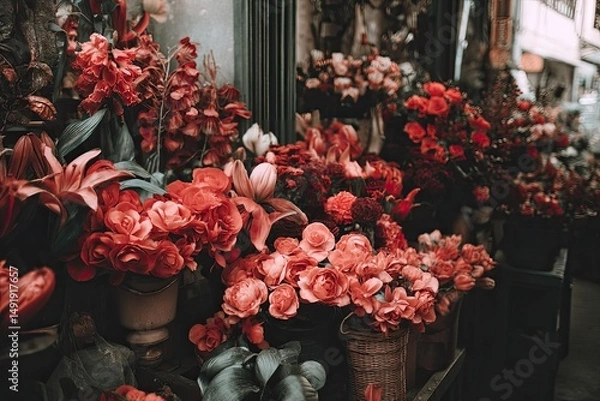 Obraz Vibrant display of coral-toned flowers in a shop