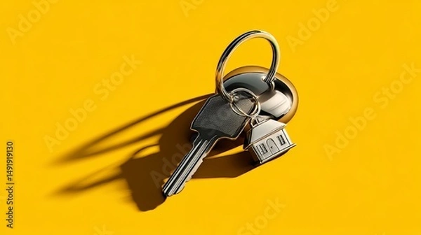 Fototapeta Estate concept with a shiny key ring and house keys on a bright yellow background, detailed in 3D render. 
