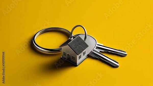 Fototapeta Estate concept with a shiny key ring and house keys on a bright yellow background, detailed in 3D render. 