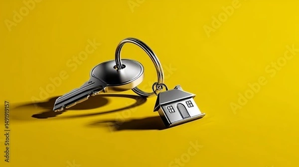Fototapeta Estate concept with a shiny key ring and house keys on a bright yellow background, detailed in 3D render. 