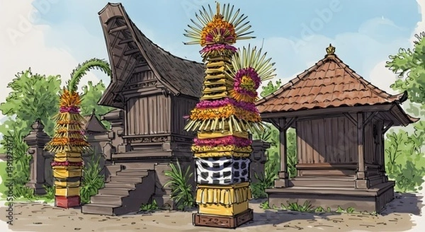 Obraz Traditional Balinese Architecture Illustrations of Sacred Structures and Ceremonial Decorations