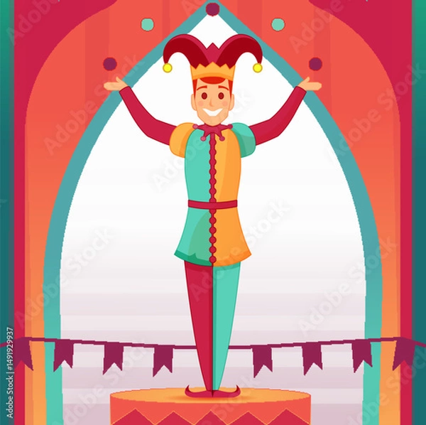 Fototapeta Vector image of a male jester. Cartoon character, a juggler in a circus. Simple flat graphics, children's drawing, illustration.

