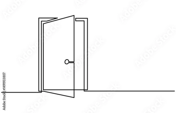 Fototapeta Open door one line illustration, welcome sign continuous line art drawing, Door outline drawing illustration. one continuous line drawing of opened door. A modern line art depiction of an open door in