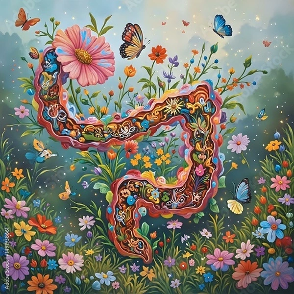 Fototapeta The image features a vibrant and whimsical scene with a fantastical creature resembling a snake emerging from a garden filled with flowers, butterflies, and foliage.
