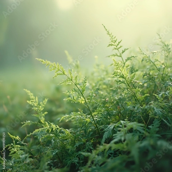 Fototapeta The image captures a lush, verdant field of ferns bathed in soft, natural light, evoking a serene, tranquil atmosphere.