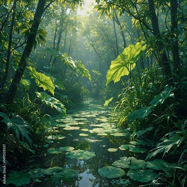 Fototapeta A serene image of a lush, sunlit forest with a tranquil pond reflecting the verdant surroundings and towering trees.