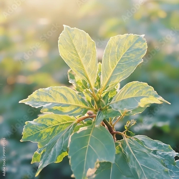 Fototapeta The image features a close-up of a plant with green leaves, illuminated by sunlight, with a blurred background suggesting a garden or natural setting.