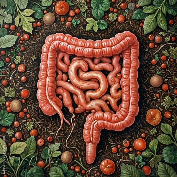 Fototapeta The image is an artistic rendering depicting a large, intricately designed model of the human digestive system, set against a backdrop of vibrant, natural elements like leaves, berries, and vegetables