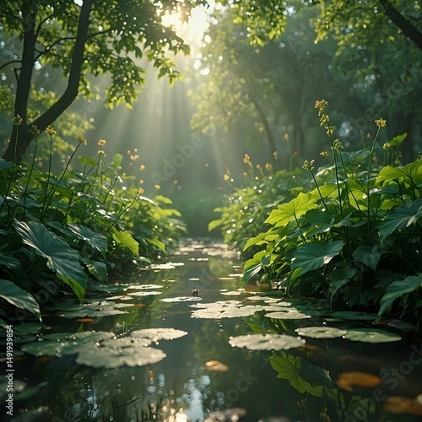 Fototapeta A tranquil forest scene is captured with sunlight filtering through the lush foliage and casting a gentle glow on a pond, where lily pads float on the water's surface.