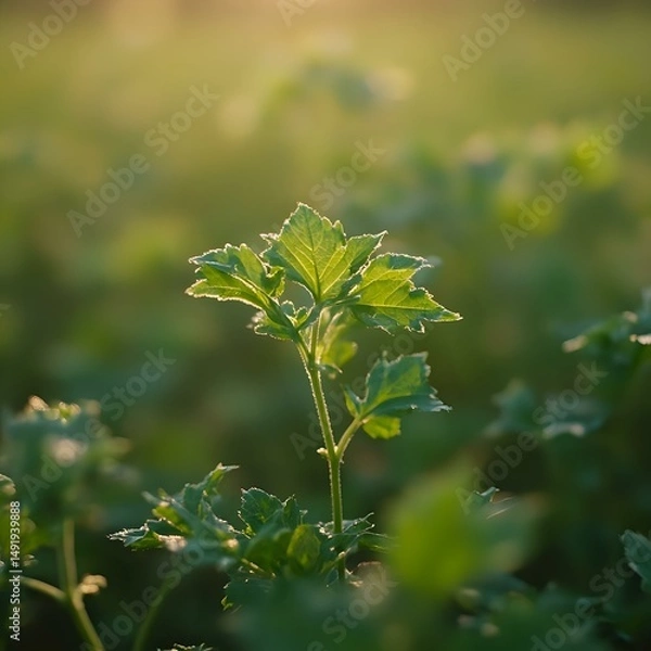Fototapeta The image features a close-up of a small green plant with vibrant, shiny leaves, set against a blurred backdrop of greenery, highlighting the plant's delicate structure in the foreground.