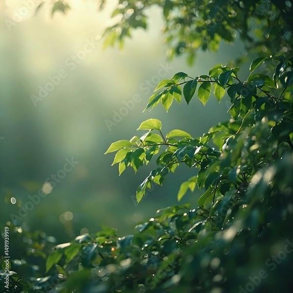 Fototapeta The image shows a close-up of lush green leaves with sunlight filtering through, creating a soft, natural blur effect.