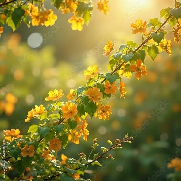 Fototapeta The image captures a field of lush, green plants with water droplets glistening on their leaves, set against a backdrop of a sunlit sky.