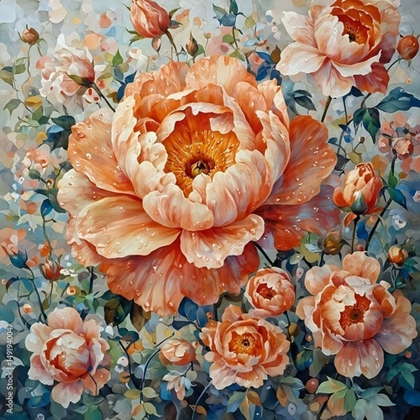 Fototapeta The image is a vibrant floral painting featuring a large peony flower in the center surrounded by smaller peonies and other flowers, with water droplets on the petals.
