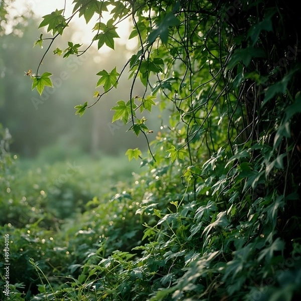 Fototapeta The image captures a serene natural scene where verdant foliage dominates the foreground, with the sun's rays filtering through the leaves, casting a dappled light on the scene.