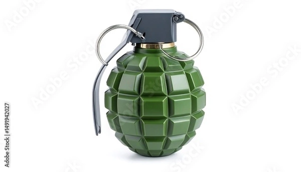 Fototapeta Close up of a green grenade against a white background. The image highlights the details of the weapon. Isolated grenade