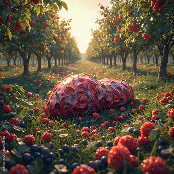 Fototapeta The image showcases a surreal digital landscape featuring two raspberries lying on a bed of red berries in the foreground, with rows of trees in the background and a warm, golden glow from the sun.