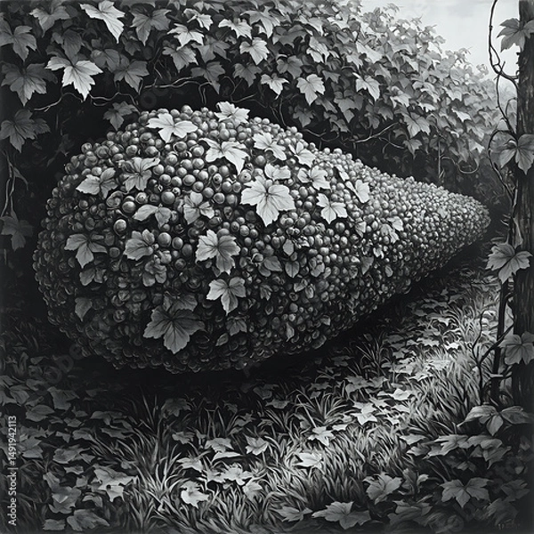 Fototapeta The image is a black and white painting depicting a dense growth of leaves and grapes enveloping a leafless tree trunk, suggesting a sense of isolation amidst the foliage.