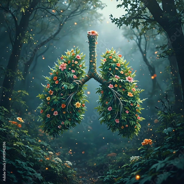 Fototapeta The image depicts a surreal scene with a pair of lungs formed by trees, each branch adorned with an assortment of flowers.