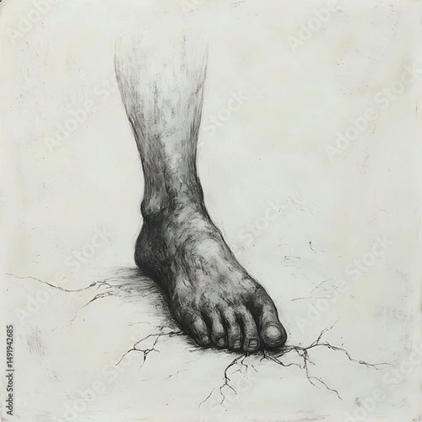Fototapeta The image is a black and white sketch depicting a human foot in a close-up perspective, with cracked and rough ground beneath it, suggesting a sense of struggle or weariness.