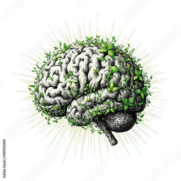 Fototapeta The image is a stylized illustration depicting a brain with green leaves sprouting from it, set against a white background with radiating lines.