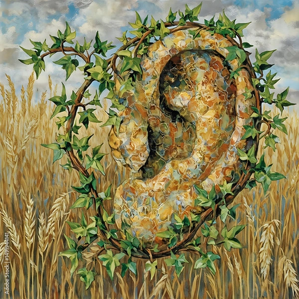 Fototapeta The image is an artistic rendering of an ear with leaves sprouting out from it, set against a backdrop of a wheat field under a cloudy sky.