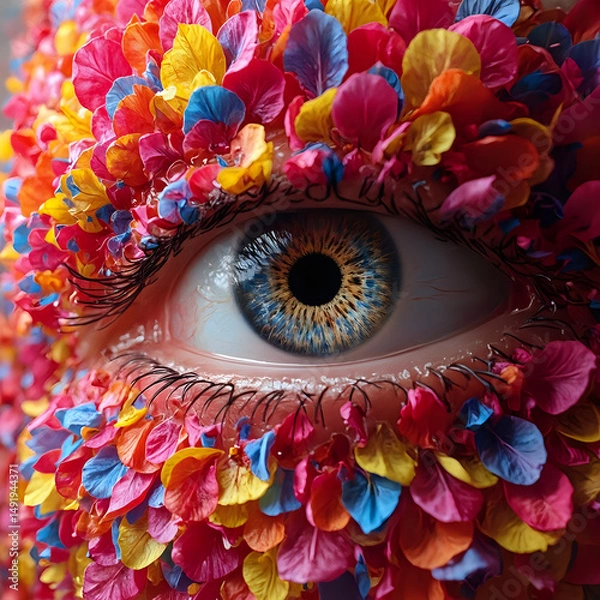 Fototapeta The image is a close-up of a vibrant, multicolored flower arrangement with a stylized eye in the center, showcasing intricate details and a striking iris.