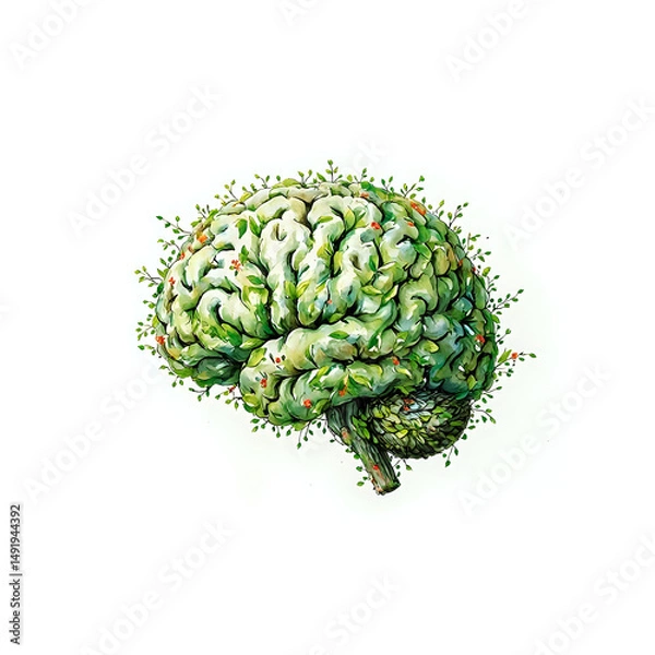 Fototapeta The image portrays a creative rendering of a brain adorned with foliage, presenting a unique blend of nature and technology.