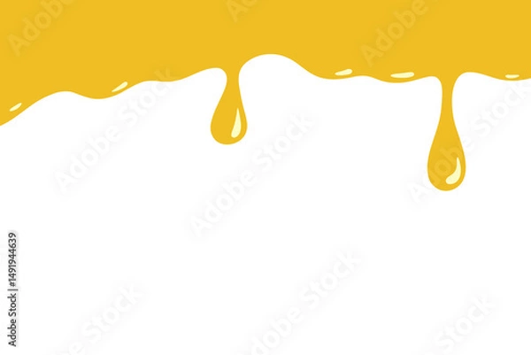 Fototapeta Dripping liquid honey, caramel, syrup on a white background, cartoon vector illustration, flat design. Decorative element for decoration, labels, covers with a place for text. Yellow curves, drops 