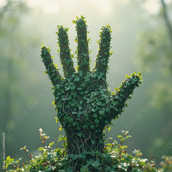 Fototapeta A digital illustration of a hand-shaped bush covered in vines, with green leaves emerging from the vines, set against a blurred natural background.