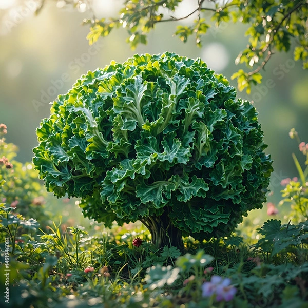 Fototapeta A dense, leafy tree with a vibrant green canopy is surrounded by a lush garden filled with various plants and flowers, with sunlight filtering through the foliage.