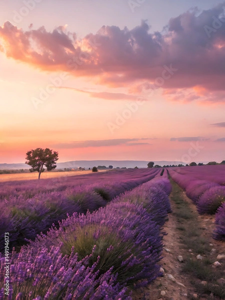 Fototapeta Lavender Fields Bathed in the Soft Glow of Dusk with a Tree Silhouette