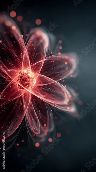 Obraz A glowing atom model floats in space against a bright, radiant background, symbolizing scientific discovery, atomic structure, and the essence of physics. The design features a clean composition with 