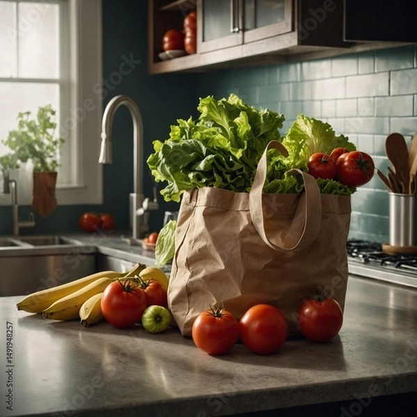 Obraz "A reusable grocery bag filled with fresh produce like tomatoes, lettuce, and bananas, placed on a kitchen counter, warm indoor lighting, ultra-realistic colors and textures"