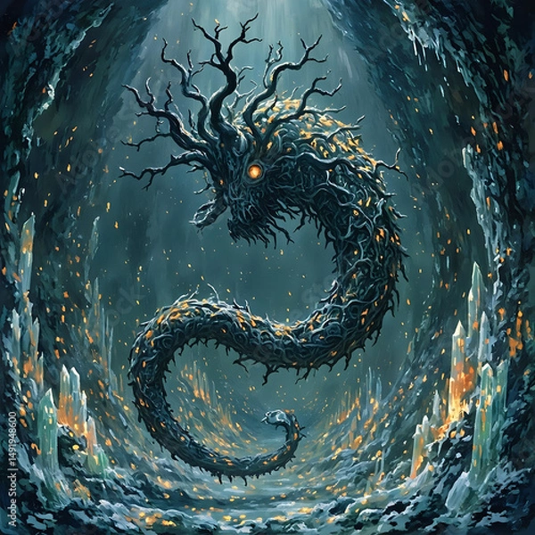 Fototapeta A fantastical creature with a long, twisted body resembling a snake or a serpent, glowing with an orange light in the center, is set against a dark, mystical backdrop.