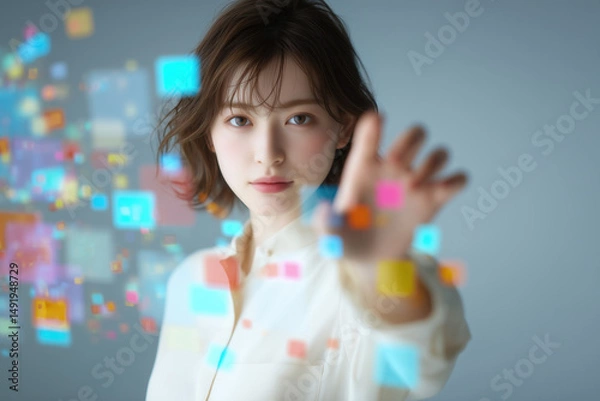 Obraz スタイリッシュな女性と次世代インターフェース、空間UIテクノロジーの時代