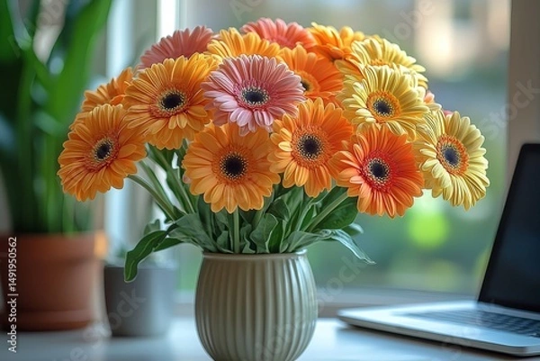 Fototapeta Colorful gerbera daisies in vase on white table next to laptop with natural light and white brick wall background