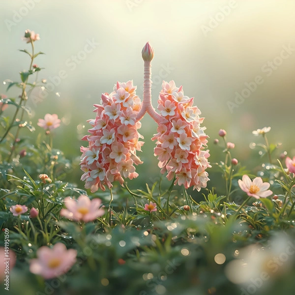 Fototapeta The image shows a close-up view of a flower structure resembling a pair of lungs, set against a blurred natural background with various pink flowers.