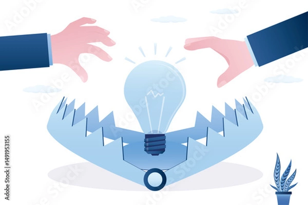 Obraz Businessman hands want catch light bulb from animal trap. Business idea trap concept. False idea, bait for losers and gullible people. Deception and fake