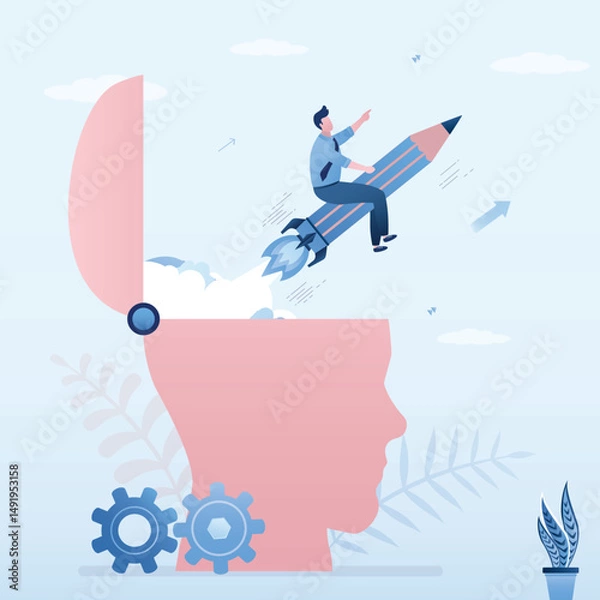 Obraz Creative businessman or blogger riding pencil flying in sky from giant head. Pencil rocket as education, fun idea, imagination or creative freedom for content writing.
