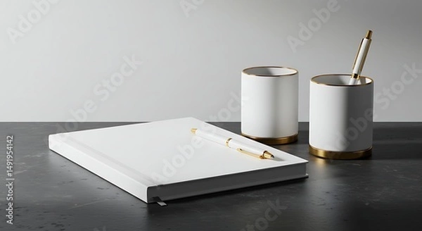 Obraz Notebook with Pen and Holders on Dark Surface