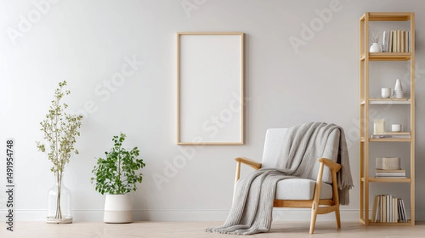 Fototapeta Frame for photo mockup in modern living room with wooden armchair, soft blanket, bookshelf, and green plants creating calm and cozy atmosphere