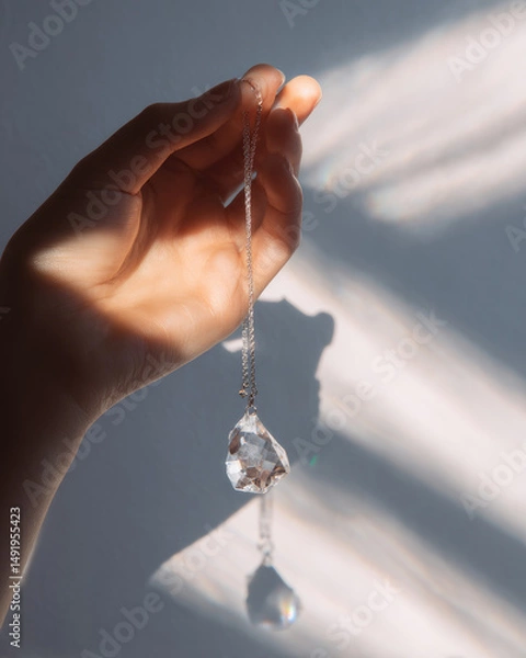 Fototapeta Delicate hand holding a crystal-clear ornament sparkling in the light perfect for elegance and product showcases