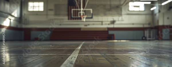 Fototapeta Close up floor parquet ground basketball empty field blur background mockup for product present advertisement.