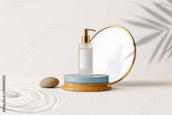 Obraz Elegant Frosted Glass Bottle on a Layered Cork and Blue Platform