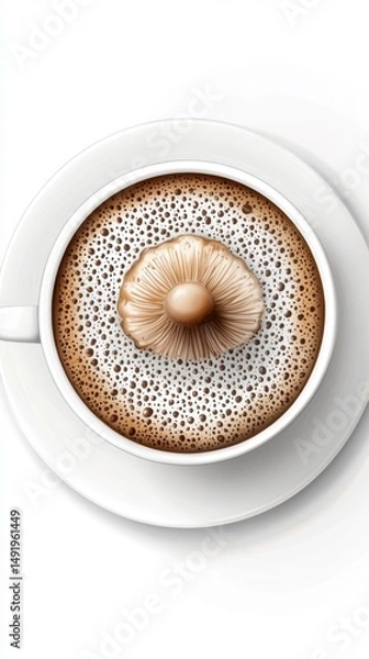 Fototapeta Mushroom in Coffee Cup Overhead Still Life Minimalist White Background Conceptual Art Food and Drink Beverage Caffeine Artistic Expression