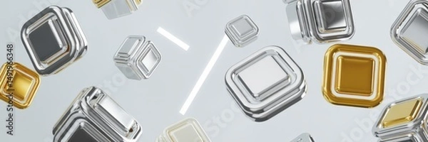 Fototapeta Floating metallic cubes in a modern abstract setting with reflective surfaces creating a dynamic visual experience